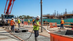 A clean and organized construction site featuring a designated container for concrete washout.