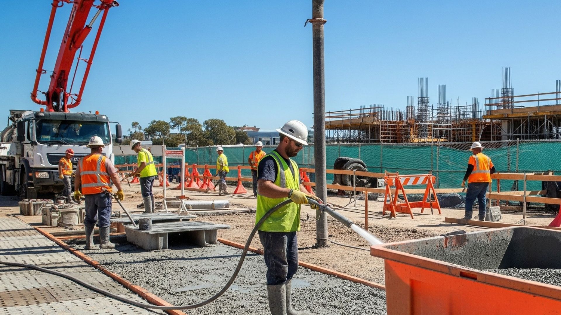 A clean and organized construction site featuring a designated container for concrete washout.