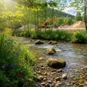 A clear stream runs alongside a verdant area, highlighting the importance of environmental protection near construction zones.