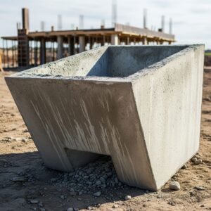 A close-up view of a durable, leak-proof containment bin for concrete washout on a job site.