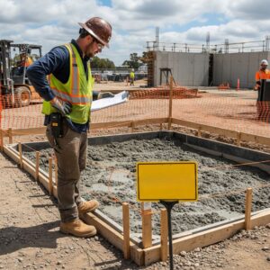 A construction worker in full safety gear inspects a designated concrete washout station.