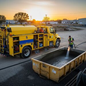 A service truck is parked next to a large, clean concrete washout container, ready for transport.