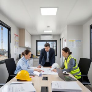Architects reviewing compliance documents and blueprints at a clean construction trailer