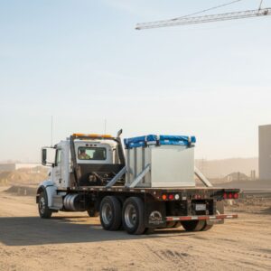 A roll-off truck carefully transporting a concrete washout bin away from a site
