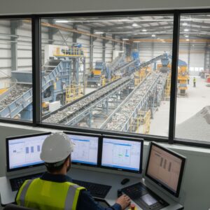 A technician operating equipment at a facility dedicated to recycling construction waste