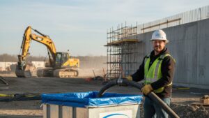 Construction site worker confidently placing equipment near professional washout container