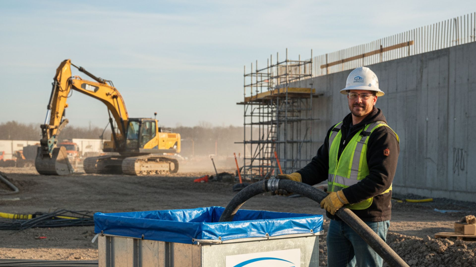 Construction site worker confidently placing equipment near professional washout container