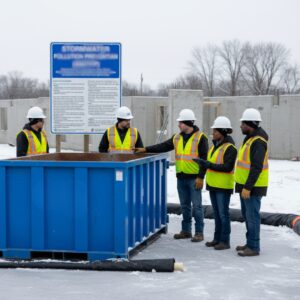 A group of construction workers in hard hats and safety vests stand around a blue container