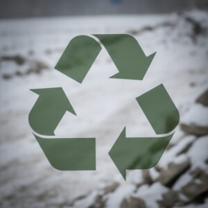 An overlay of a green recycling symbol is placed over a blurred background of a winter construction site with snow and concrete debris