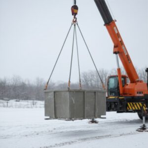 a crane lifting a concrete washout container in a snowy, winter setting.