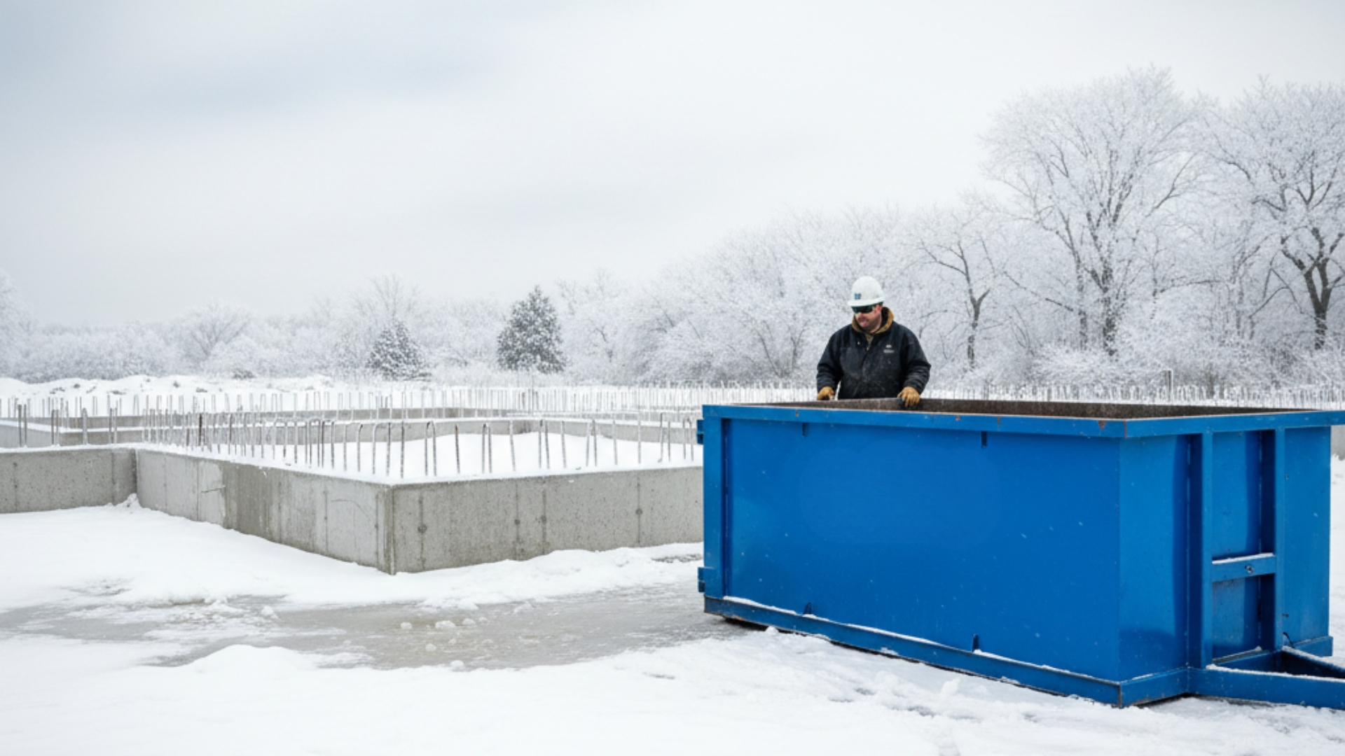 A construction worker stands beside a blue concrete washout container on a snowy winter job site